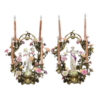 Late 20th Century French Louis XV Repro Bronze & Porcelain Candelabra Lamps by United Wilson, Pair For Sale