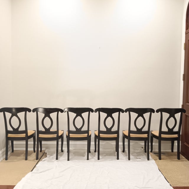 Vintage French, Country Black Dining Chairs With Rush Seat - Set of 6 For Sale - Image 4 of 18