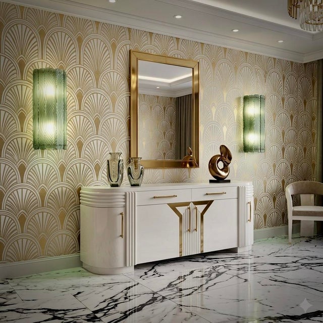 This Murano glass wall lamp features a captivating FontanaArte green hue, a captivating, elongated design, and a splendid...