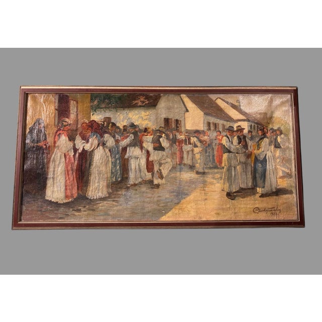 Textile Vintage Artist Signed 1923 Landscape Street Scene People Oil Painting on Canvas, Framed For Sale - Image 7 of 7