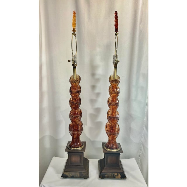 These Vintage Mid-Century Tony Duquette Style Red and Gold Leaf Lucite Lamps on Marble Bases are truly remarkable pieces....