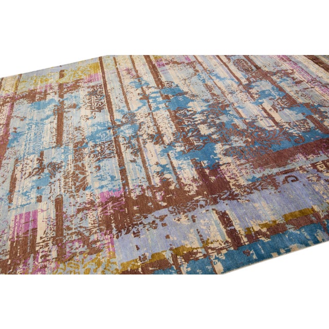 2010s Wool & Silk Handmade Contemporary Tibetan Rug With Allover Multicolor Design For Sale In New York - Image 6 of 7