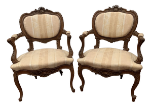20th-Century Rocaille Walnut Armchairs, Set of 2