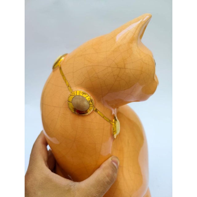 1950s Salmon Pink Ceramic Cat with Cabochon Necklace from Longwy, 1950s For Sale - Image 5 of 11