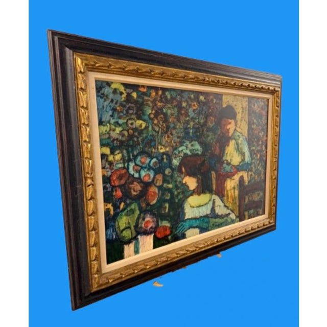 Hollywood Regency 1960s American Donal Purdy Modernist Composition Depicting a Flower Shop, Frame Oil Art on Masonite. For Sale - Image 4 of 11