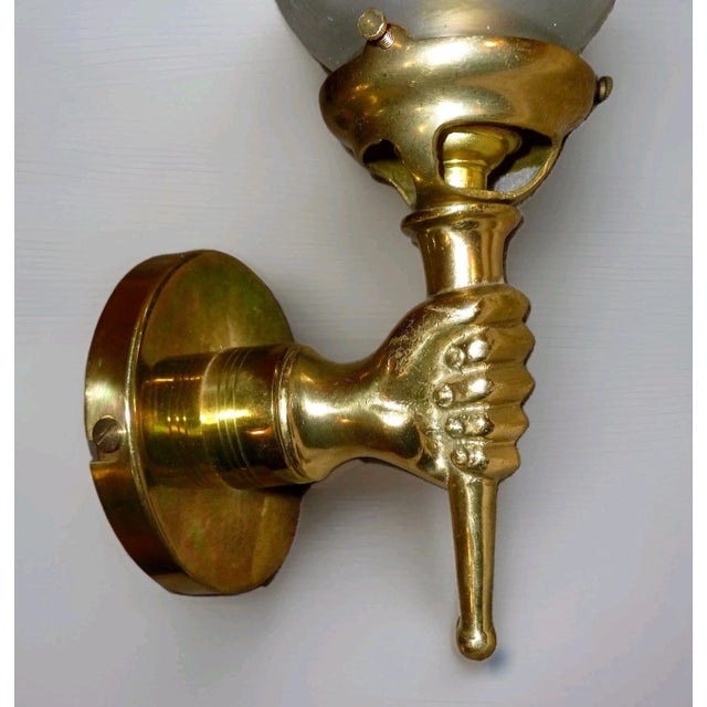 1950s 1950's French Regency Bronze Hand Fist Torch Wall Sconce With Flame Shade For Sale - Image 5 of 14