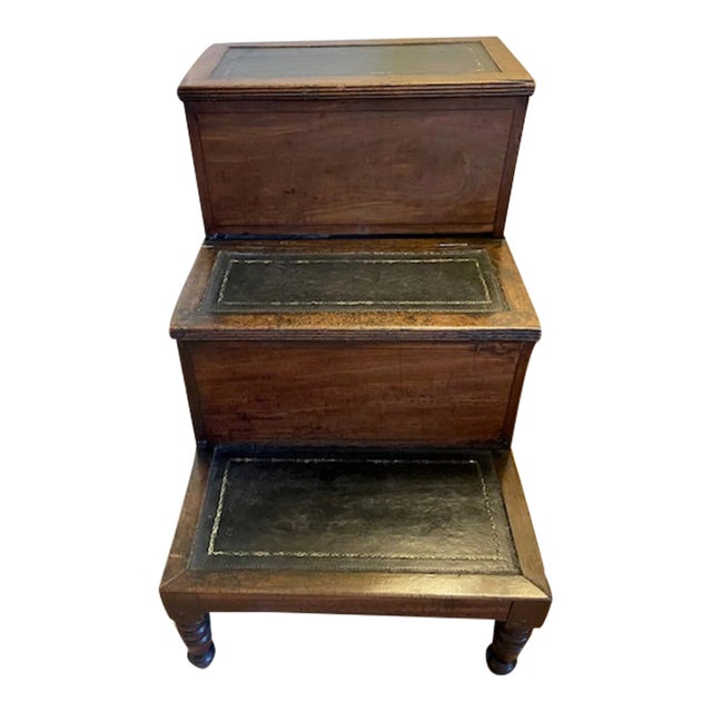 Library Steps -Antique Walnut Wood With Black Tooled Leather on Top of Steps, Opens for Storage For Sale