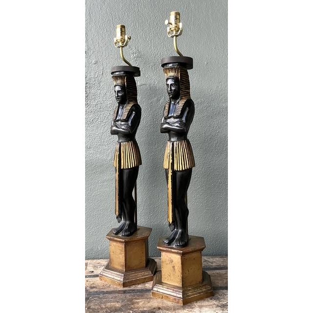 Vintage Monumental Ebonized Pharaoh Table Lamps - A Pair For Sale - Image 9 of 12