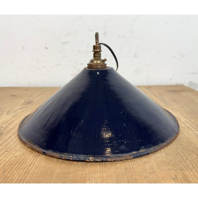Industrial British Dark Blue Enamel Factory Pendant Lamp, 1950s For Sale - Image 13 of 17