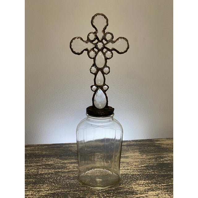 Gothic Handmade Crystal Cross Assemblage Sculpture on Clear Glass Bottle For Sale - Image 3 of 7