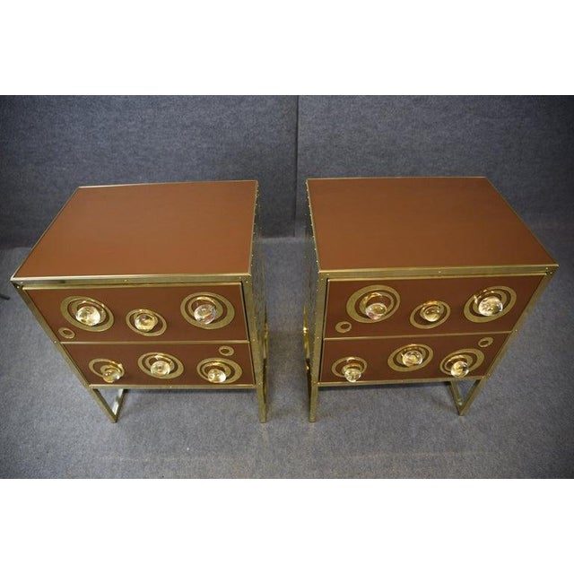 Contemporary Pair of Luxurious Brown Bedside Tables With Glass & Brass For Sale - Image 3 of 12