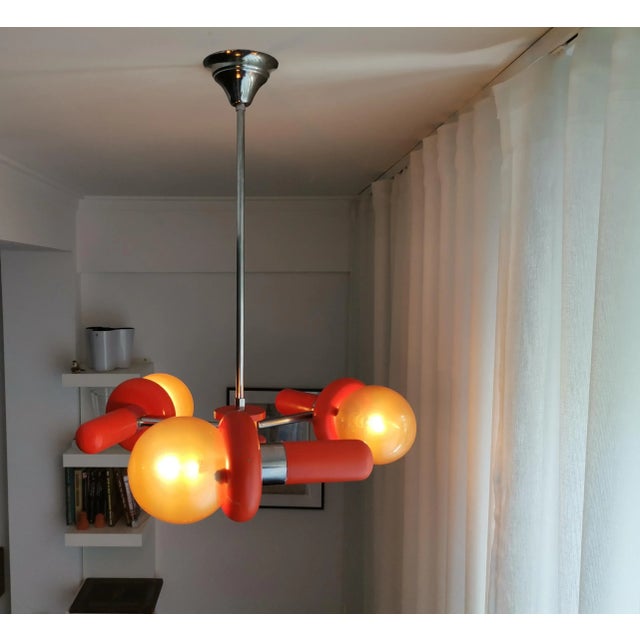 Mid-Century Space Age Orange Wood and Glass Sputnik Chandelier, 1960s For Sale - Image 4 of 11