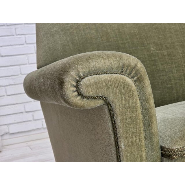 1970s, Danish 3-seater sofa. Original green furniture velour, beech wood legs, springs in the seat. Original very good...