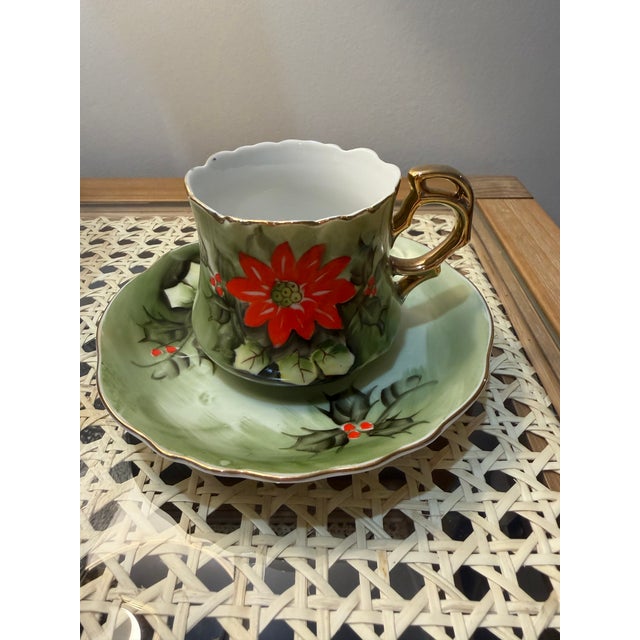 Traditional Mid 20th Century Lefton Handpainted Poinsettia Teacup, Saucer, Dessert Plate Set - 3 pcs For Sale - Image 3 of 8