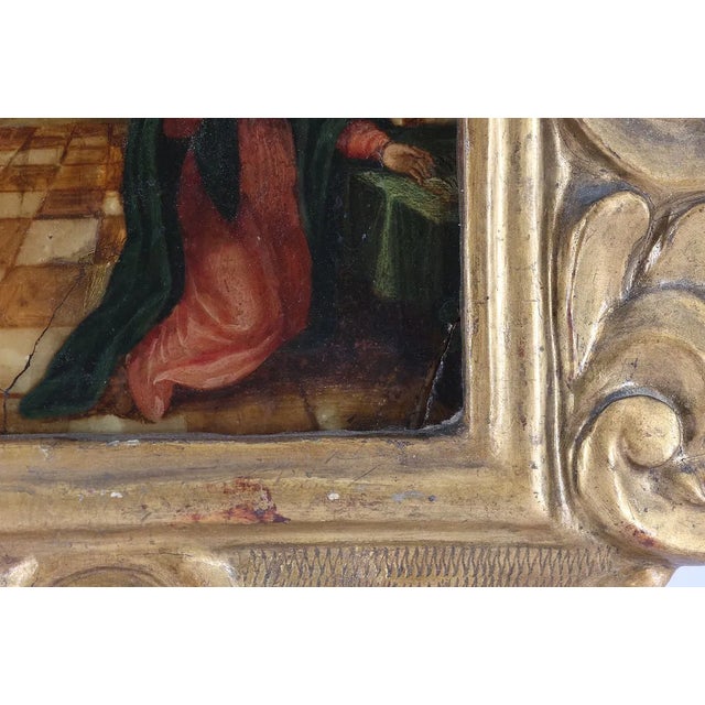 Wood 17th Century Annunciation Painting in Elaborate Giltwood Baroque Frame For Sale - Image 7 of 18