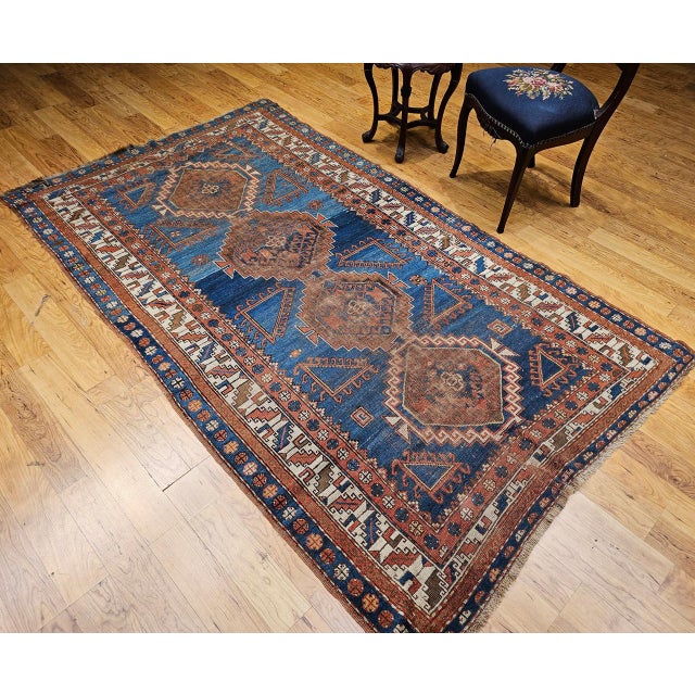 19th Century Caucasian Kazak Rug, Hand-knotted Wool, Geometric Design, Royal Blue. 5' x 8' For Sale - Image 4 of 16