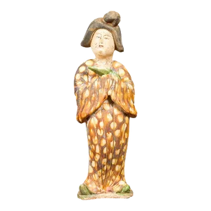 Statue of a Chinese Court Lady Wearing Brown Patterned Kimono and Holding a Baby