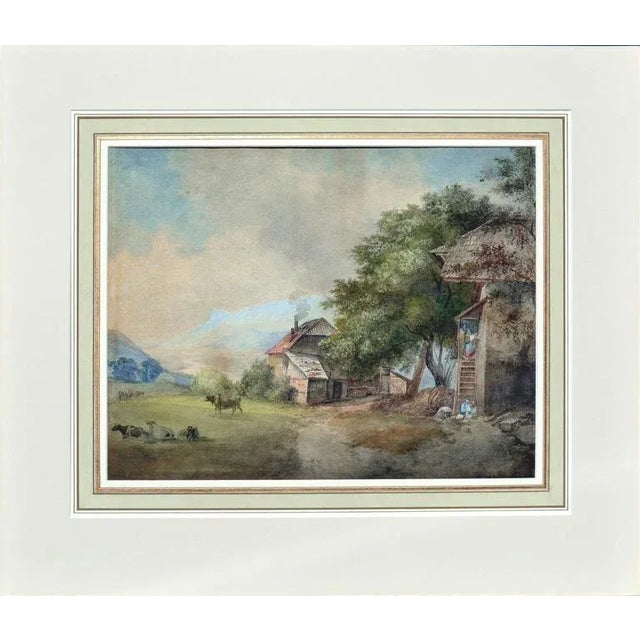 Stunning landscape watercolor painting of a farm scene by an unknown artist. Presented in a giltwood frame. Image size,...