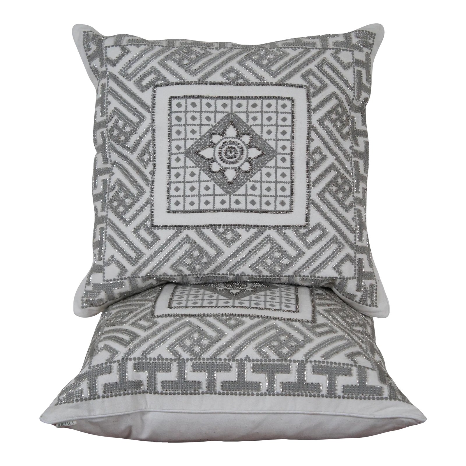 Vintage Arhaus Modern Down Filled Geometric Embroidered Silver