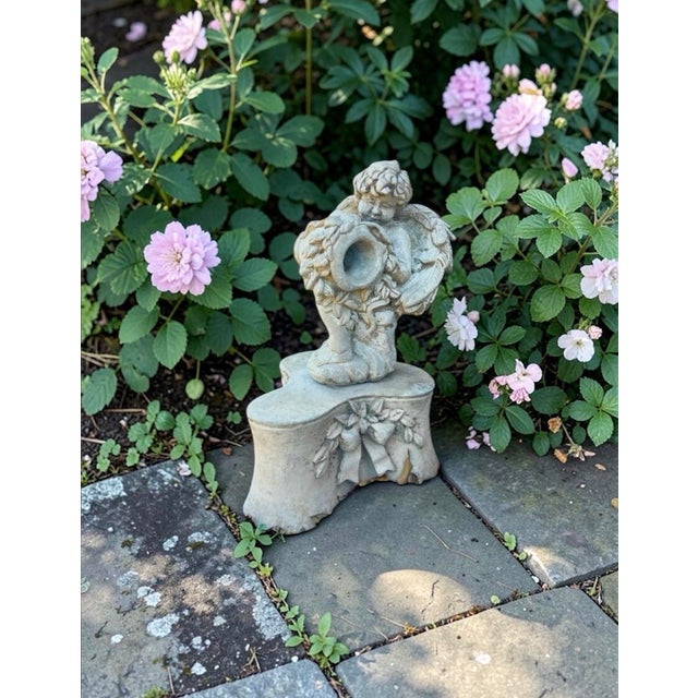 French Country Late 20th Century Cast Stone Garden Fountain Statue Pedestal – Romantic European Garden Accent With Incisive Signature Detail For Sale - Image 3 of 11