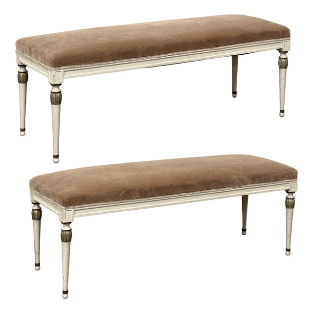 Pair of Antique French Louis XVI Neoclassical Painted and Parcel Gilt Benches For Sale