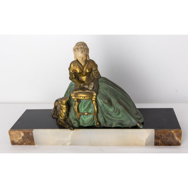 French Art Deco Onyx & Polychrome Pewter Reading Woman with Dog, 1930 For Sale - Image 4 of 9