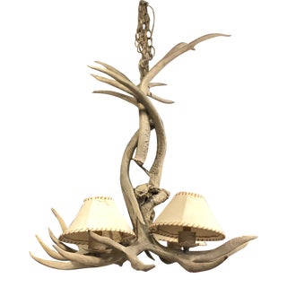 Early 21st Century Antler Chandelier with Leather Shades For Sale