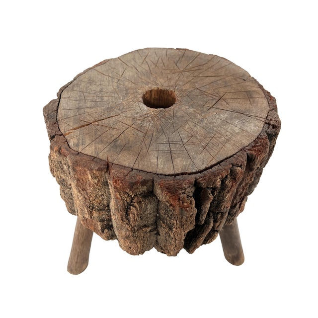 Antique Late 1800s Rustic Primitive Wood Adirondack Tripod Log Stool With Bark Exterior For Sale In Philadelphia - Image 6 of 10