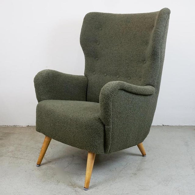 Mid-Century Grey-Green Bouclé Wingback Armchair, Austria, 1950s For Sale - Image 3 of 11