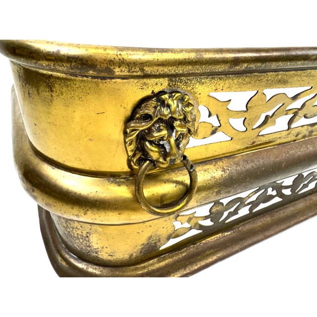 1960s 1960s Large Hollywood Regency Brass-Finished Fireplace Fender With Lion Head Ring Pulls For Sale - Image 5 of 11