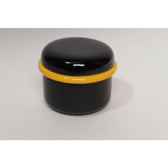 Diminutive Italian Post-Modernist and yellow ceramic jar/box with lid by Pino Spagnolo for Sicart (ca. 1970s). Attractive...
