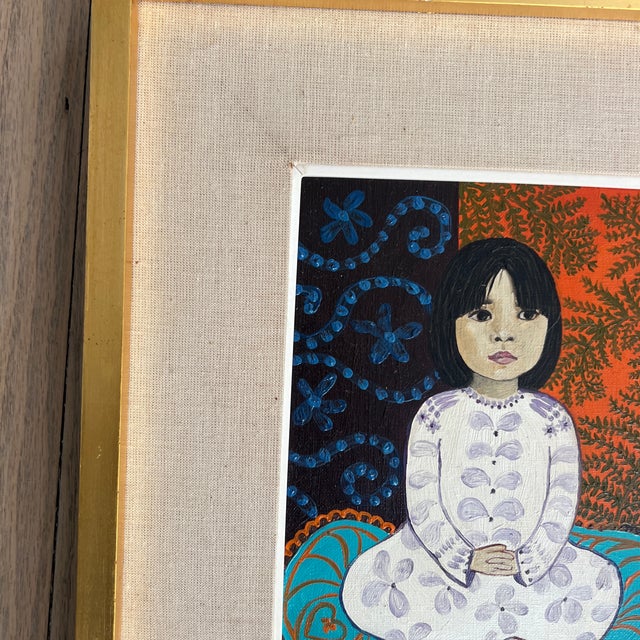 Charming 1970s Original Argentine Signed M. Hester Acrylic on Canvas Portrait Painting of a Young Girl For Sale In New York - Image 6 of 8