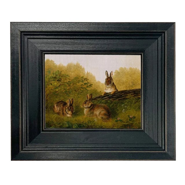 Bunnies in the Field Framed Print on Canvas in Distressed Black Wood Frame. 8.5" X 9.5" For Sale - Image 4 of 4