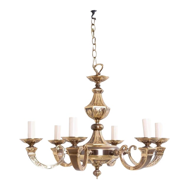 1970s Art Nouveau European Six Arm Cast Brass Chandelier For Sale