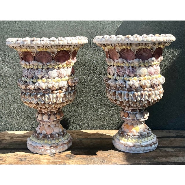 Vintage Shell Encrusted Resin Urns - A Pair For Sale - Image 10 of 12