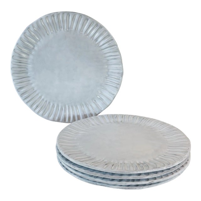 Vintage Vietri Italy Ceramic Round Sun-Burst Large Dinner Plates in Antique White, Set of Five For Sale