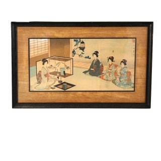 Antique Japanese Woodblock Triptych (3 Panel) Print by Toyohara, Framed, C1920 For Sale