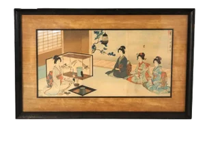 Antique Japanese Woodblock Triptych (3 Panel) Print by Toyohara, Framed, C1920