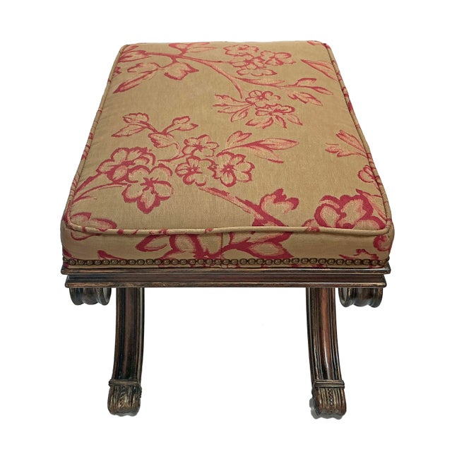 2000 - 2009 Pair of Ethan Allen X-Base Low Stools in Tan and Red Floral Upholstery For Sale - Image 5 of 9