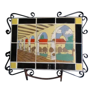 1930s Tudor Tile Scenic 6-Tile Plaque of San Juan Capistrano With Wrought Iron Surround