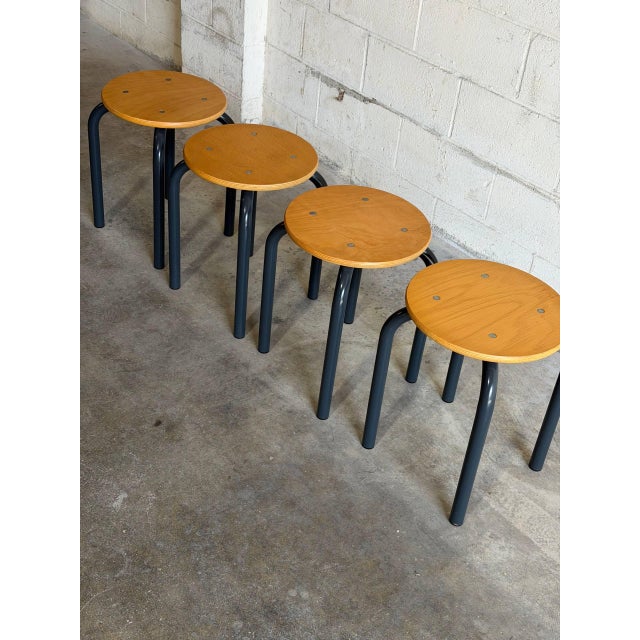 Mid-Century Modern Set of 4 Vintage Danish Stools Mid Century Modern Beech & Metal Seating For Sale - Image 3 of 8