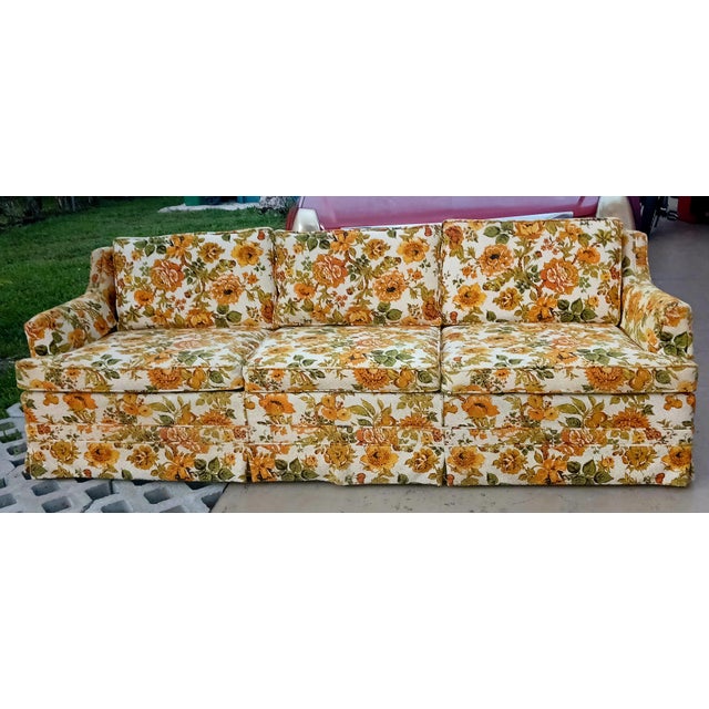 Vintage 1970s Orange / Yellow Floral Textured Skirted Sofa Couch For Sale - Image 11 of 11