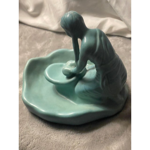 Cerulean Van Briggle Pottery Vintage Ming Blue Native American Indian Girl Grinding Corn Maize For Sale - Image 8 of 12