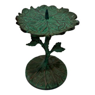 Art Nouveau Brass Candle Holder W/ Green Patina Pillar & Spike Nature Design For Sale