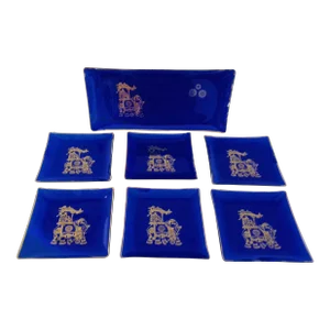 Mid-Century Cobalt Blue & Gold Royal Appetizer Trays, Set of 7