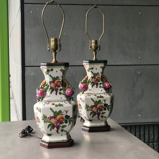 Vintage HandPainted Ceramic With Figural Pomegranates Urn Lamps a