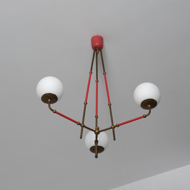 Vintage Italian Brass and Red Lacquered Chandelier with Opaline Glass, 1950s For Sale - Image 6 of 13