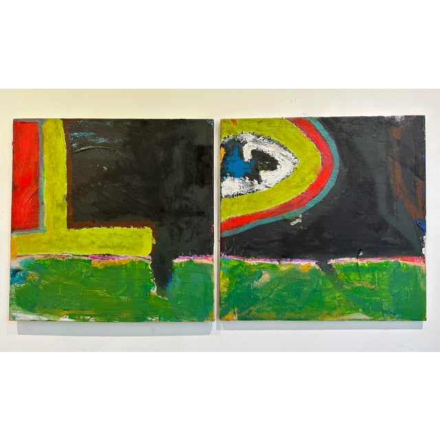 A vibrant abstract diptych painting titled "Terrestrial Wanderings #4", composed of gestural shapes and color blocking, by...