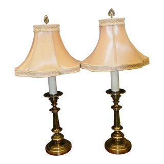 Pair Vintage Westwood Industries Brass Tall Buffet / Candlestick Table Lamps With Tan Shades For Sale