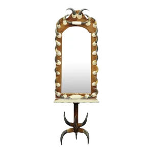 Large Hall Mirror With Cow Horn Decorations and Console Table, Austria 1870